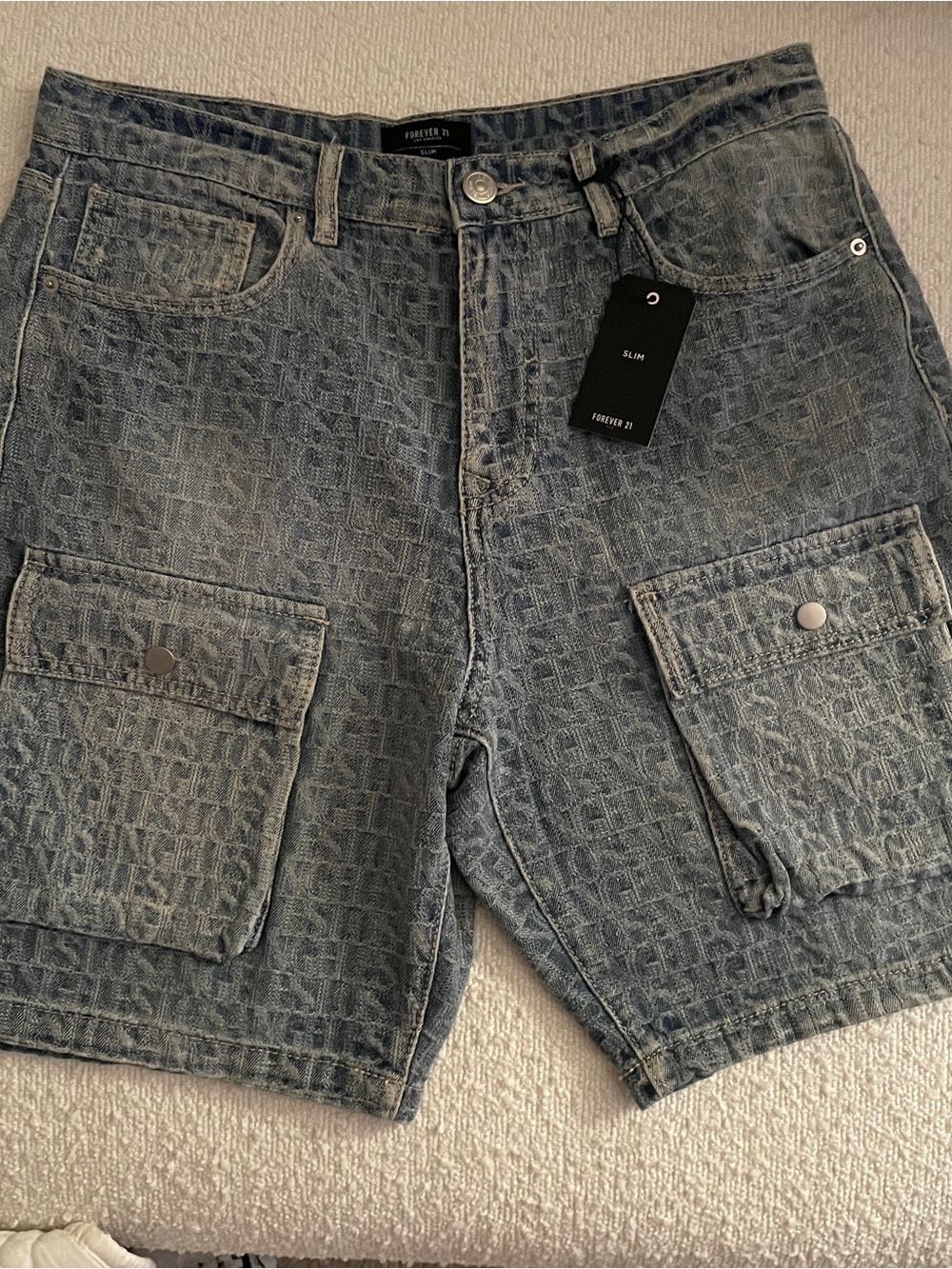 Forever 21 Men’s Cargo Denim Shorts - Washed Blue Monogram
